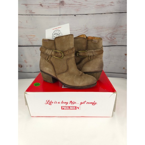 PIKOLINOS Shoes - Pikolinos Womens Tan Stone Suede Ankle Boots Buckle Zip Side Block Heel Size‎ 36